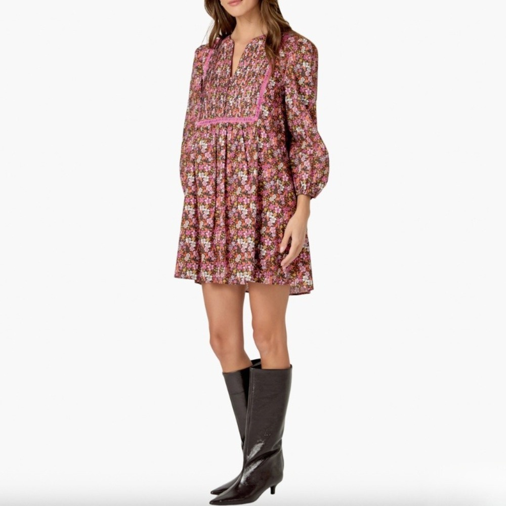 English Factory Floral Print Pintuck Cotton Mini Dress Size Large (Estimated)